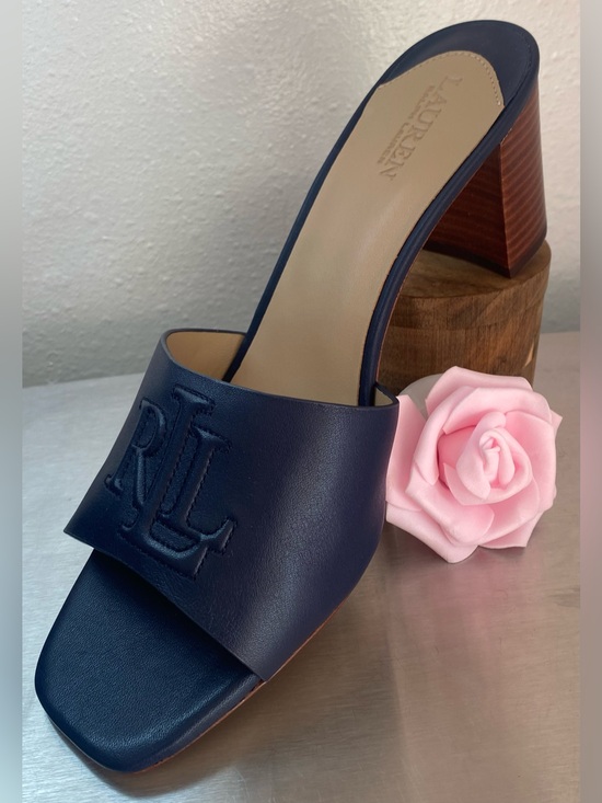 RALPH LAUREN Shoes - RALPH LAUREN NAVY LEATHER BLOCK HEEL MULES-NEW